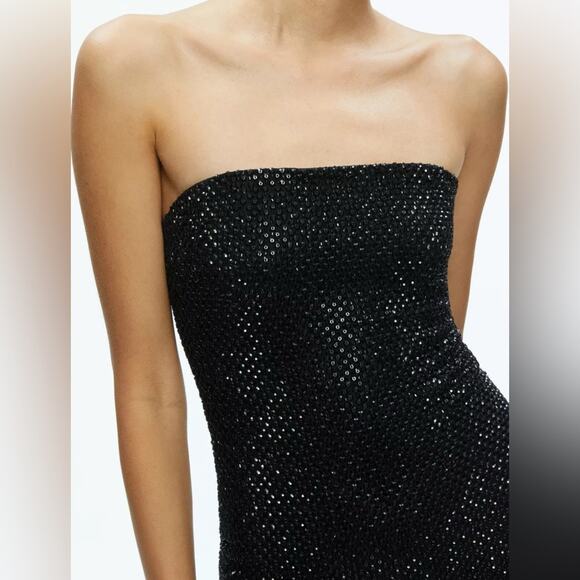 Alice & Olivia Leia Strapless Embellished Sequin Black Mini Dress Size 10 - Picture 3 of 16